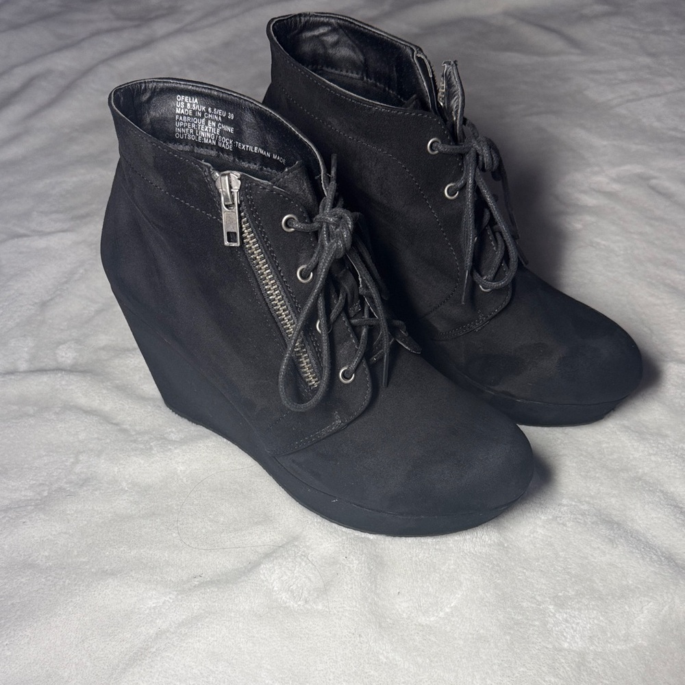 JustFab Black Lace-Up Wedge Boots